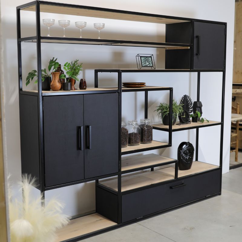 vakkenkast eikenhout en staal 8 met open en dichte deuren vakkenkast eikenhout en staal 8 - met open en dichte deuren