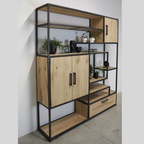 industriele kast met vakken eikenhout en staal 9 - 160cm breed x 200cm hoog - transparant gespoten stalen frame