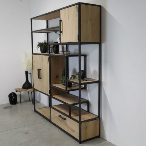 vakkenkast eikenhout en staal 9 - 160cm breed x 200cm hoog - transparant gespoten stalen frame