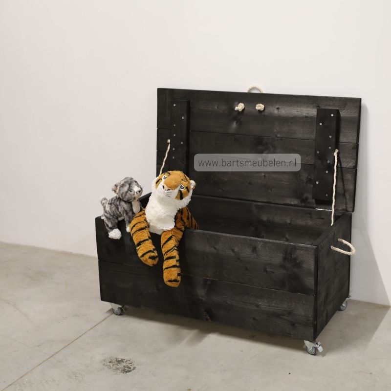 steigerhouten speelgoedkist zwart.op wiele