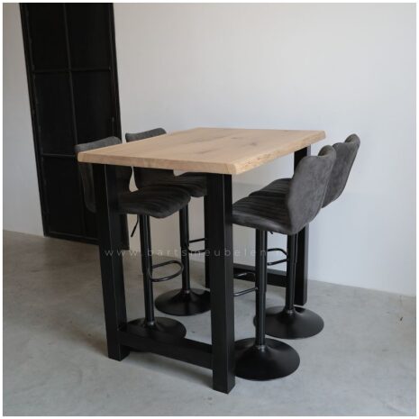 Boomstam bartafel industreel (40) met eikenhouten blad en stalen frame