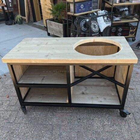 Steigerhouten_buitenkeuken_Seff_Kamado_Rechts_zwart_frame_op_wielen