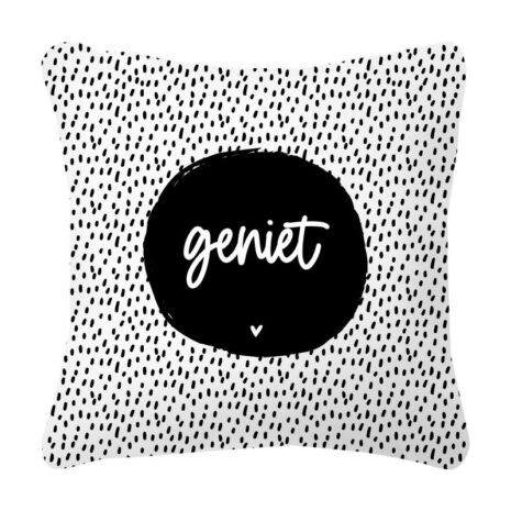 Tuinkussen wit met tekst Geniet en zwart wit patroon 40x40cm