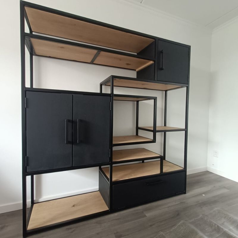 kast industrieel met vakken - vakkenkast eikenhout en staal 8 -zwart eiken en naturel eiken