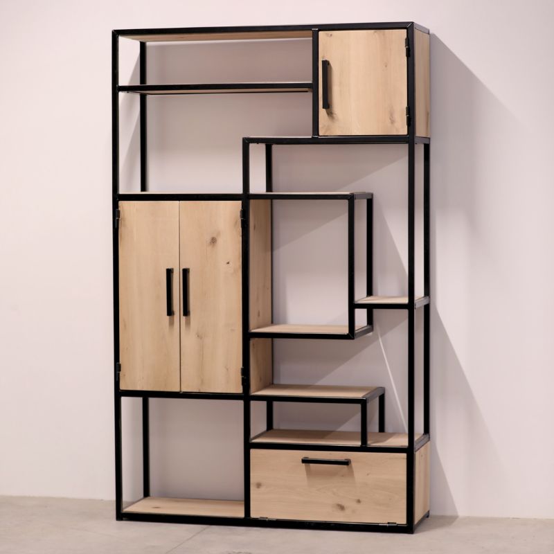 vakkenkast eikenhout en staal 9 120cm breed x 200cm hoog mat zwarte poedercoating op het staal vakkenkast eikenhout en staal 9 - 120cm breed x 200cm hoog mat zwarte poedercoating op het staal