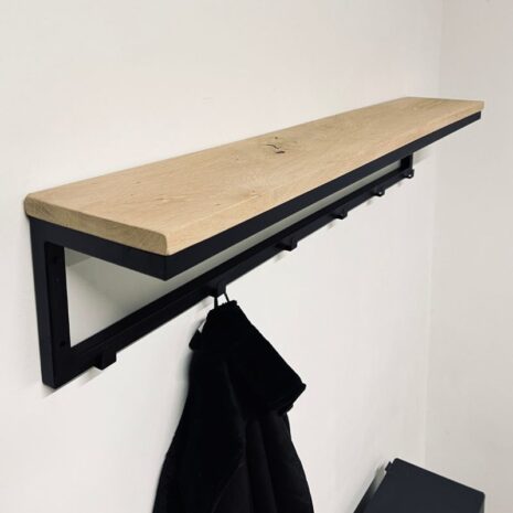Industrieel wandkapstok 120cm - enkele rij - van eikenhout en staal