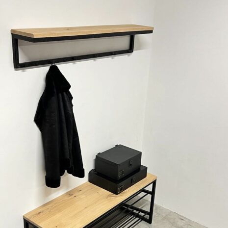 Industriele wandkapstok 120cm enkele rij van eik en staal Industriele wandkapstok 120cm enkele rij van eik en staal