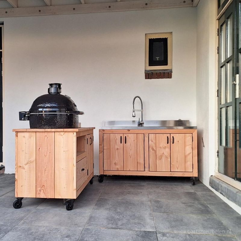 Buitenkeuken set op maat voor spoelbak en Kamado Primo Oval - opgesteld als hoek