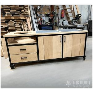 eikenhouten buitenkeuken - 2 tegels in het blad en 2 lades voor compact kamado