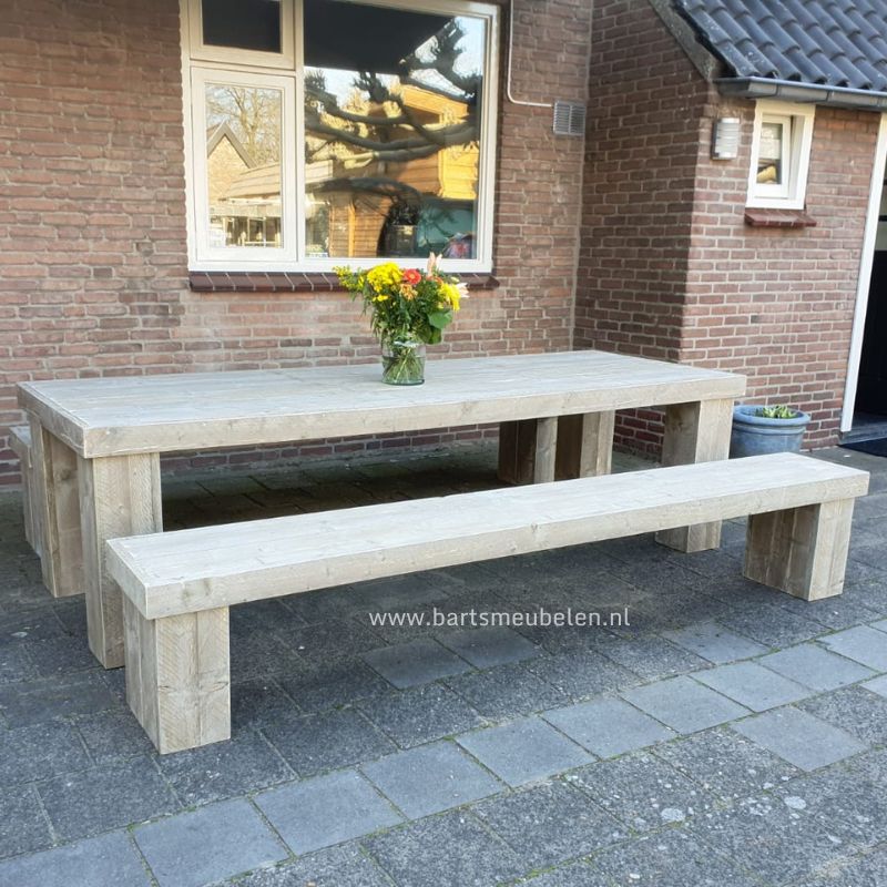 steigerhouten tuintafel patrick met 2 bijpassende banen zonder rugleuning