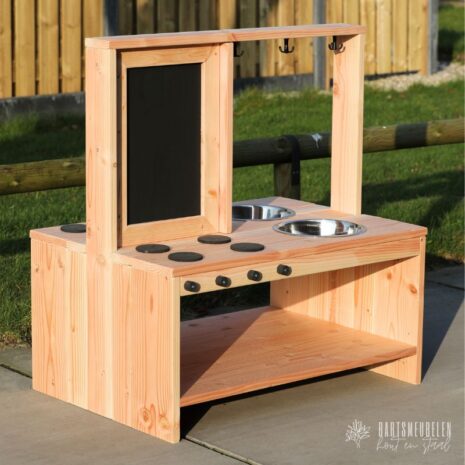 Houten Modderkeukentje Douglashout - krijtbord, kookpitten en rvs bakje