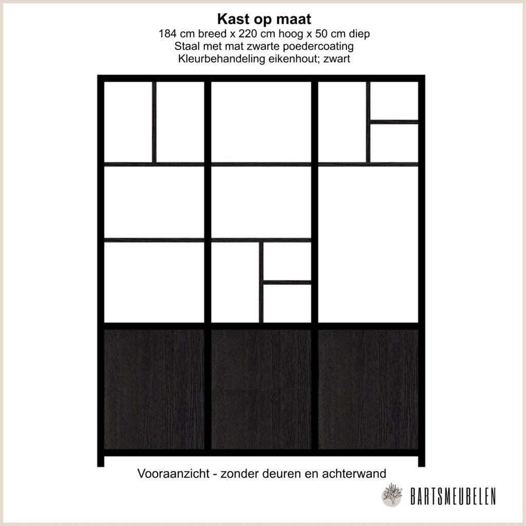 maatwerk kast van zwart eiken en staal 3d tekening Bartsmeubelen