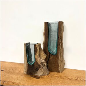 teakhout vaas met gerecycled glas