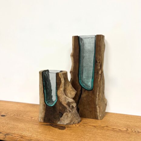 teakhout vaas met gerecycled glas