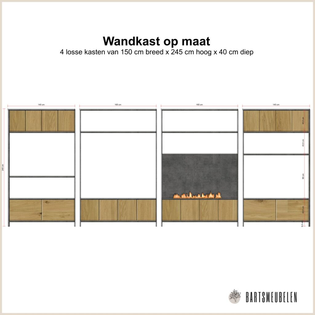 maatwerk bartsmeubelen wandkast met bio haard eiken en staal