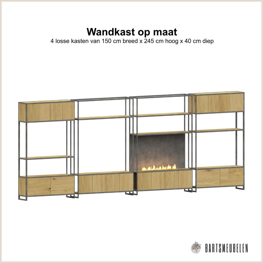 wandkast op maat eikenhout en staal met bio haard